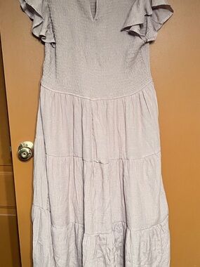 Light Tan Ruffle Sleeve Tiered Midi Dress
